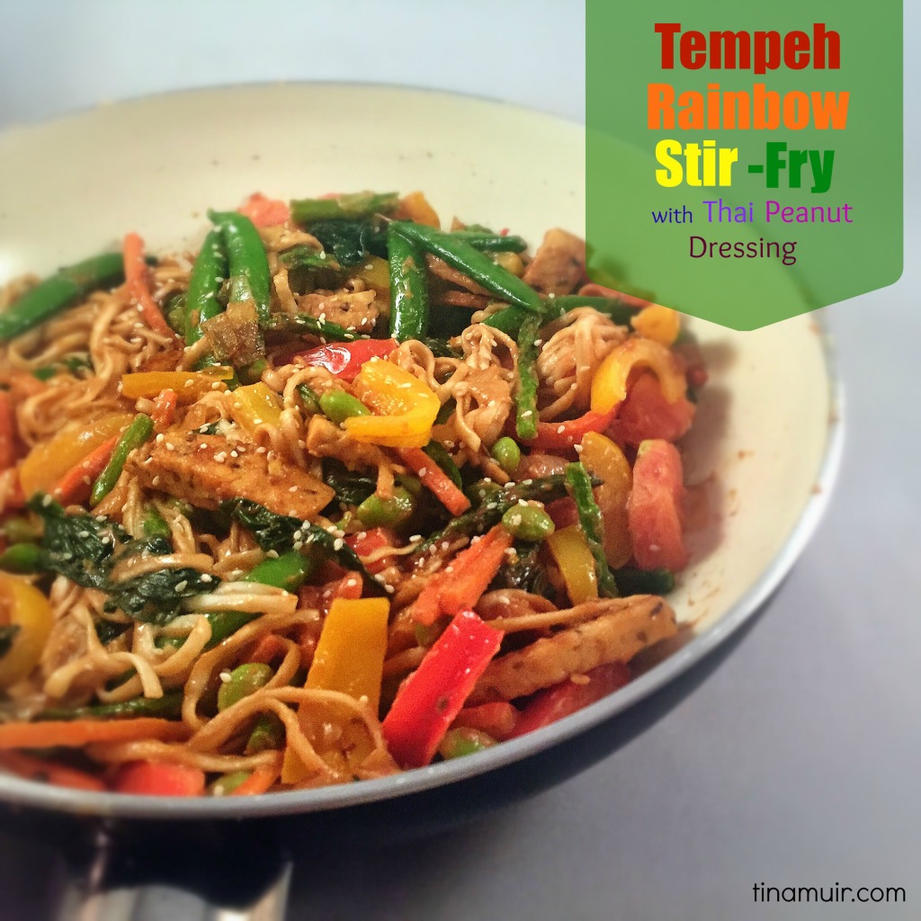 This Tempeh Rainbow Stir Fry with Thai Peanut Dressing from elite runner Tina Muir is a delicious, healthy, meatless monday meal!
