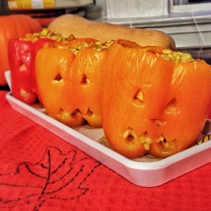 #Healthy Dinner.: #Halloween Stuffed Pepper -kins. Filled with butternut squash risotto. Fun to make, and fun to eat! #FuelYourFuture