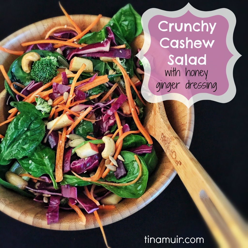 This Crunchy Cashew Salad with Honey Ginger Dressing is a great nutrient dense meal that elite runner Tina Muir enjoys to fuel her training.